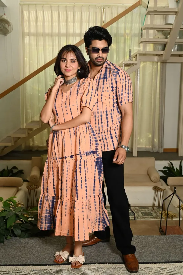 Couple_Matching_Peach_Printed_Cotton_Anarkali_Midi_Dress_Shirt_Set_Summer_Casual_Wear