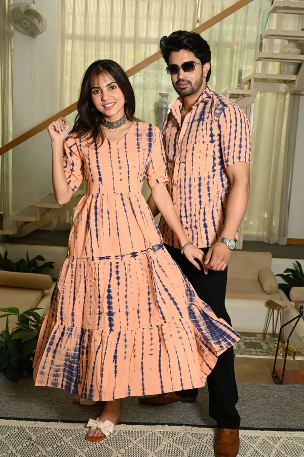 Couple_Matching_Peach_Printed_Cotton_Anarkali_Midi_Dress_Shirt_Set_Summer_Casual_Wear
