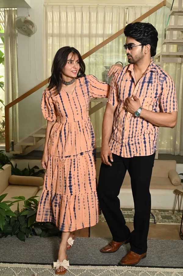 Couple_Matching_Peach_Printed_Cotton_Anarkali_Midi_Dress_Shirt_Set_Summer_Casual_Wear