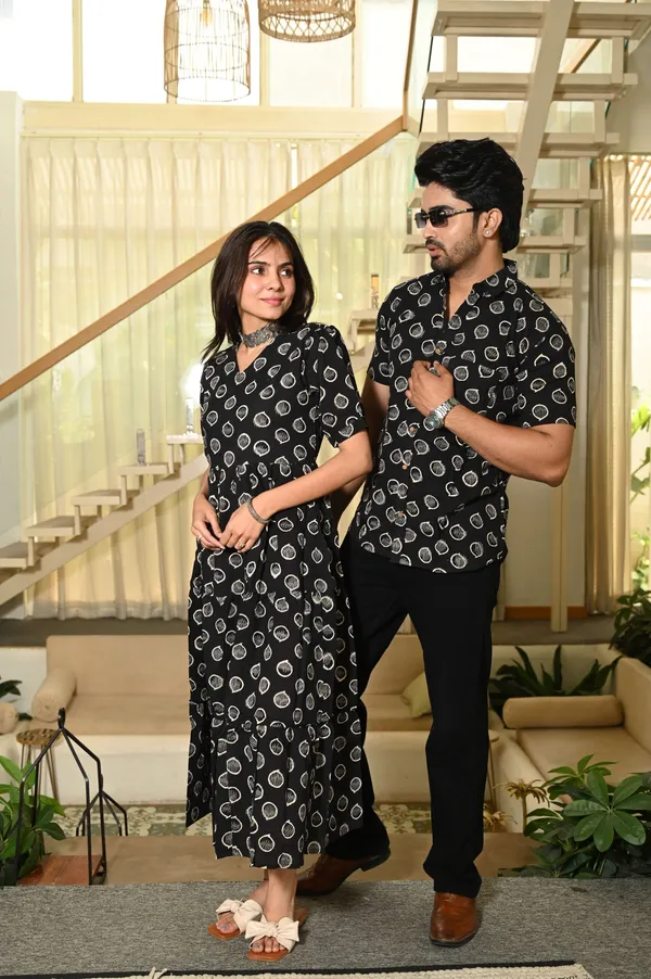 Couple_Matching_Black_Cotton_Anarkali_Midi_Dress_And_Shirt_Set_Vertical_Vine_Block_Print