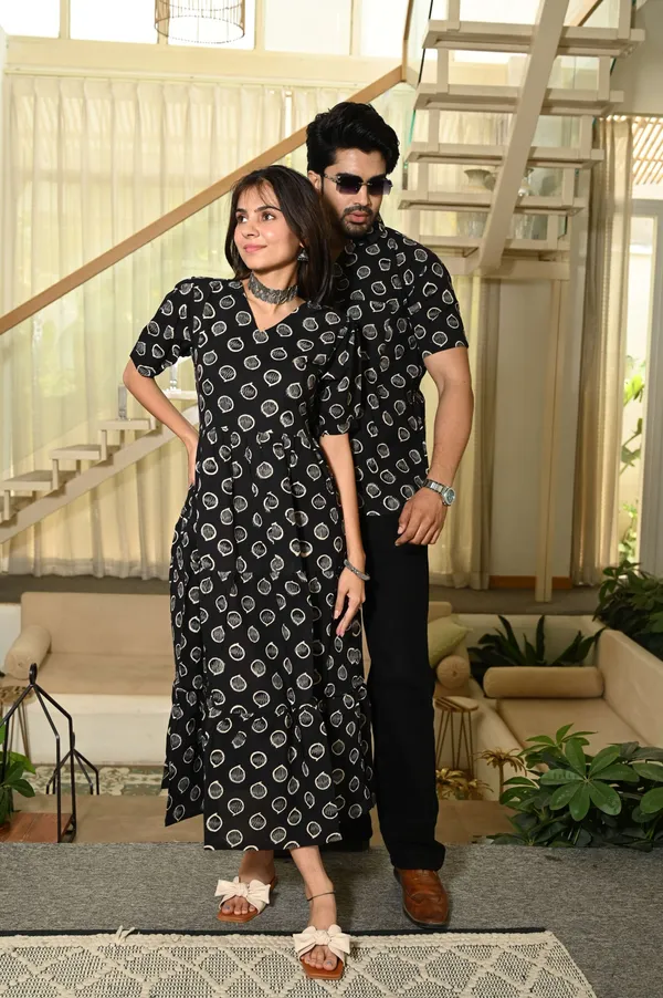 Couple_Matching_Black_Cotton_Anarkali_Midi_Dress_And_Shirt_Set_Vertical_Vine_Block_Print