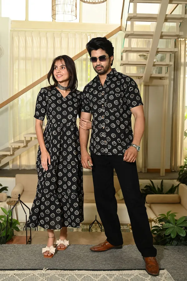 Couple_Matching_Black_Cotton_Anarkali_Midi_Dress_And_Shirt_Set_Vertical_Vine_Block_Print