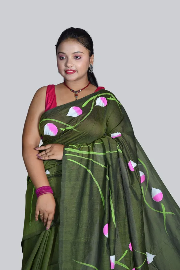 Olive_Green_Floral_Print_Saree_For_Women