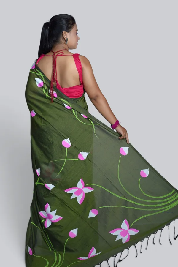 Olive_Green_Floral_Print_Saree_For_Women