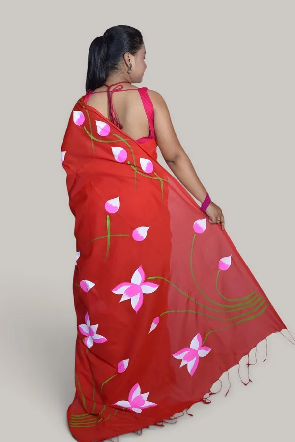 Red_Cotton_Floral_Print_Saree_For_Women