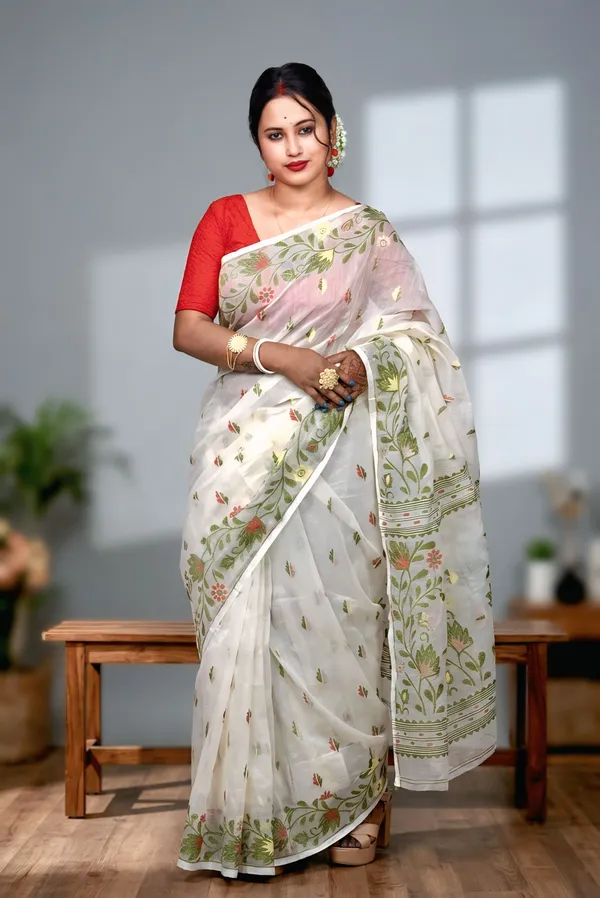 White_Floral_Print_Saree_For_Women