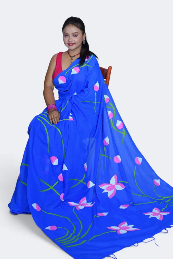 Blue_Cotton_Floral_Print_Saree_For_Women