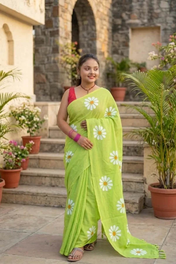 Green_Cotton_Floral_Print_Saree_For_Women
