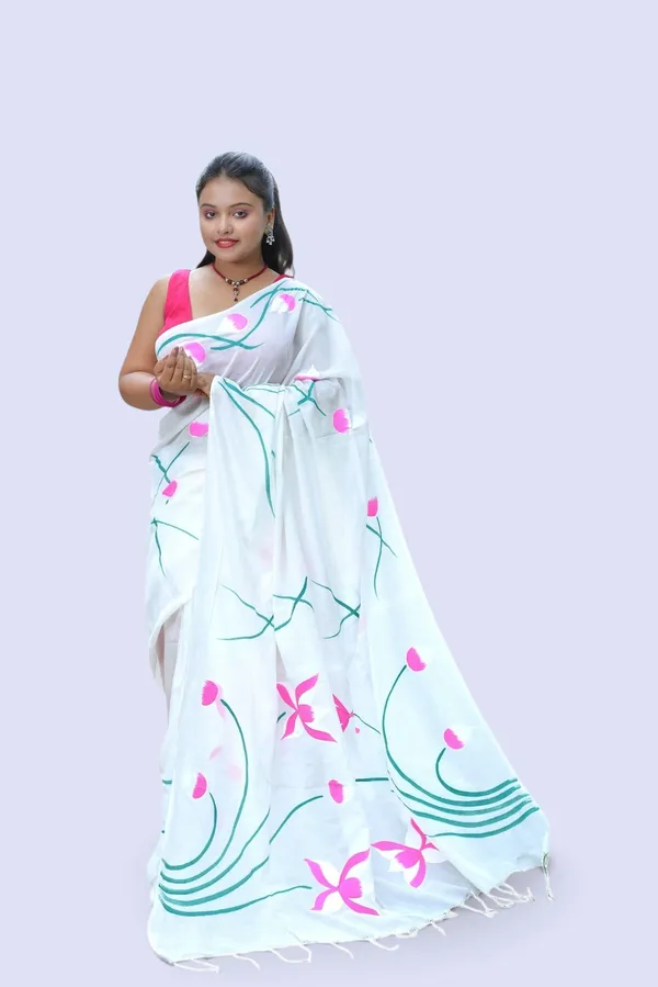 White_Floral_Print_Saree_For_Women