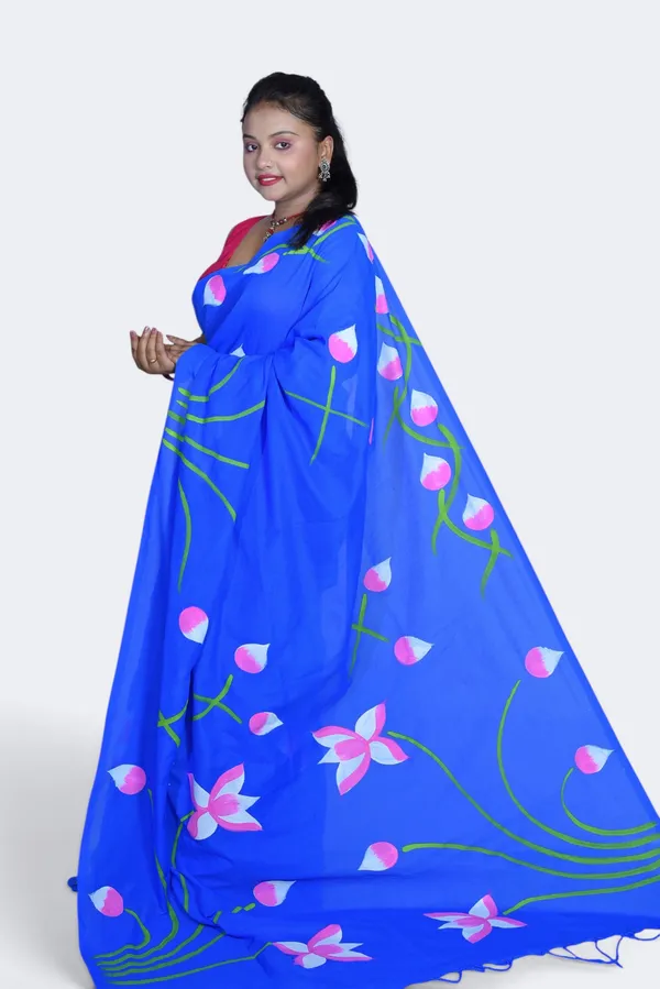 Blue_Cotton_Floral_Print_Saree_For_Women
