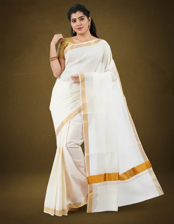 White_Golden_Cotton_Gold_Border_Saree_For_Women