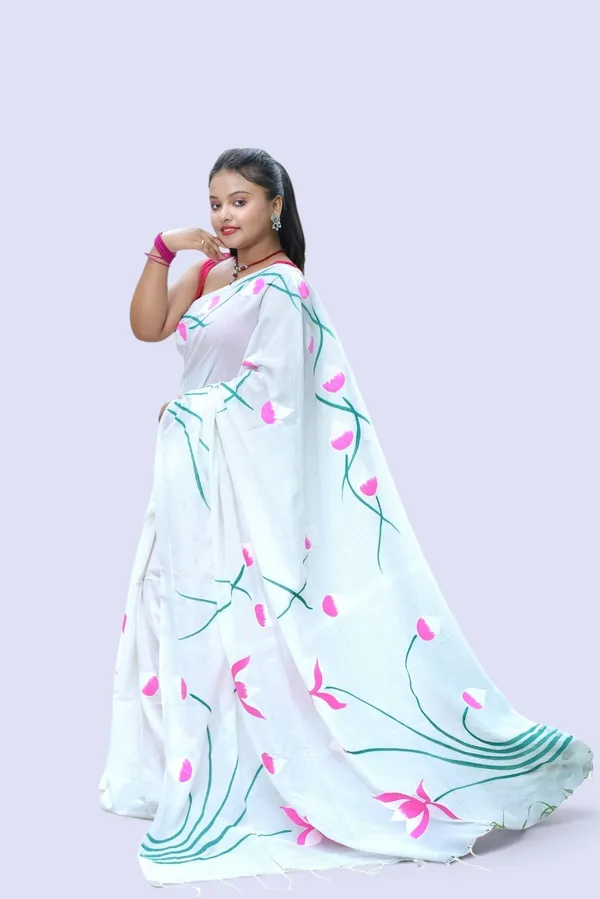 White_Floral_Print_Saree_For_Women