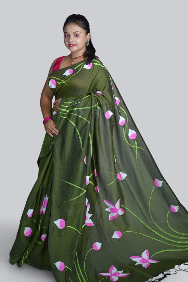 Olive_Green_Floral_Print_Saree_For_Women