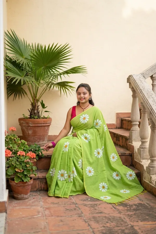 Green_Cotton_Floral_Print_Saree_For_Women