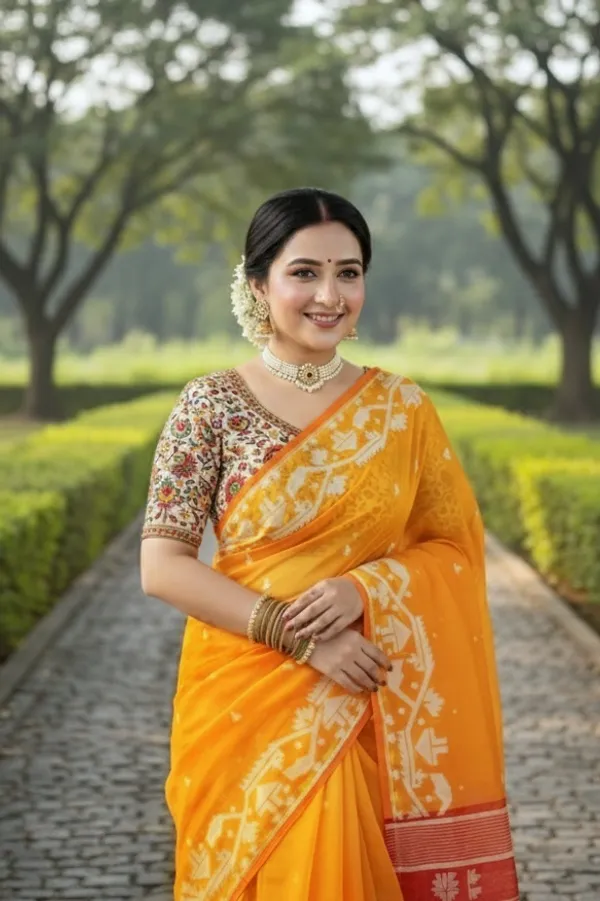 Orange_Floral_Print_Saree_For_Women
