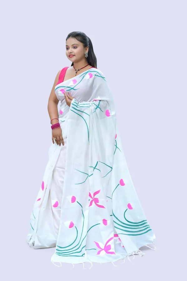 White_Floral_Print_Saree_For_Women
