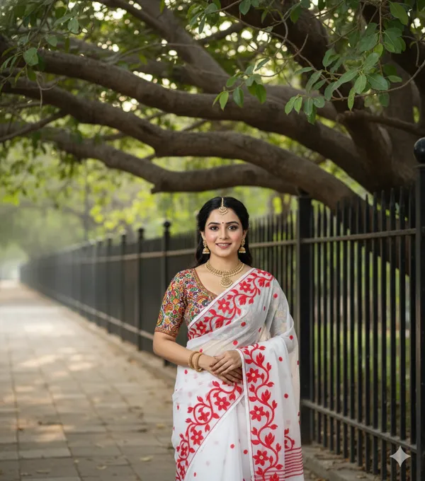 White_Red_Cotton_Silk_Floral_Print_Saree_For_Women