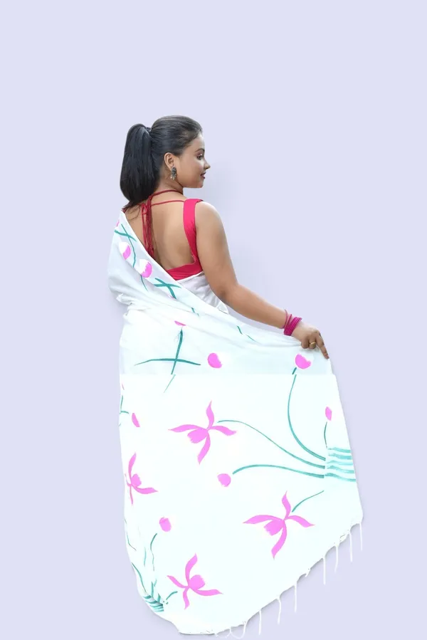 White_Floral_Print_Saree_For_Women