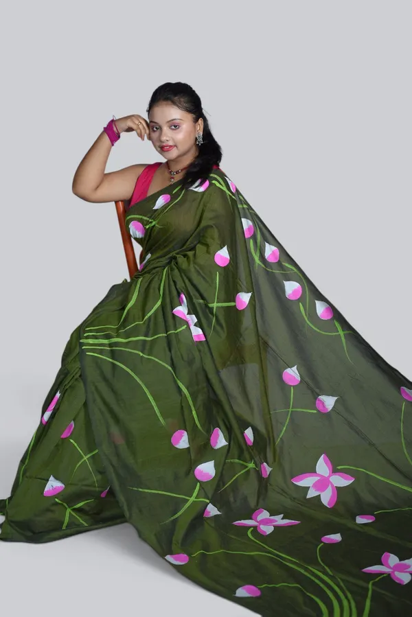 Olive_Green_Floral_Print_Saree_For_Women