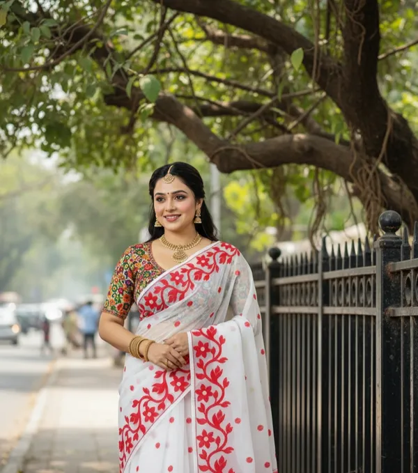 White_Red_Cotton_Silk_Floral_Print_Saree_For_Women