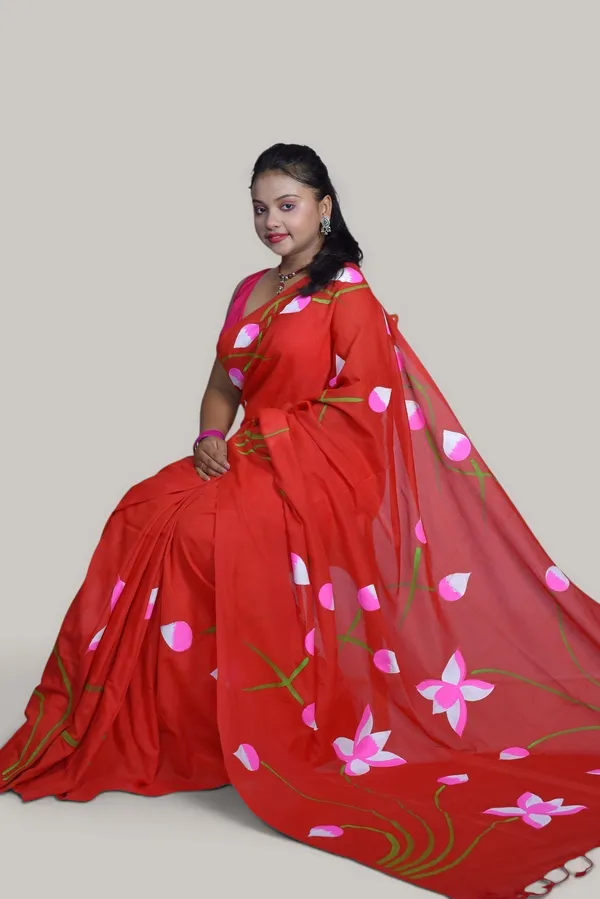 Red_Cotton_Floral_Print_Saree_For_Women