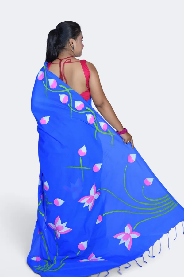 Blue_Cotton_Floral_Print_Saree_For_Women