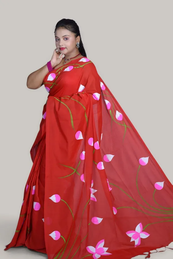 Red_Cotton_Floral_Print_Saree_For_Women
