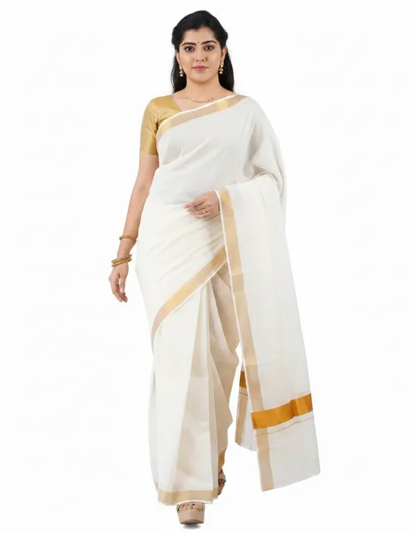 White_Golden_Cotton_Gold_Border_Saree_For_Women