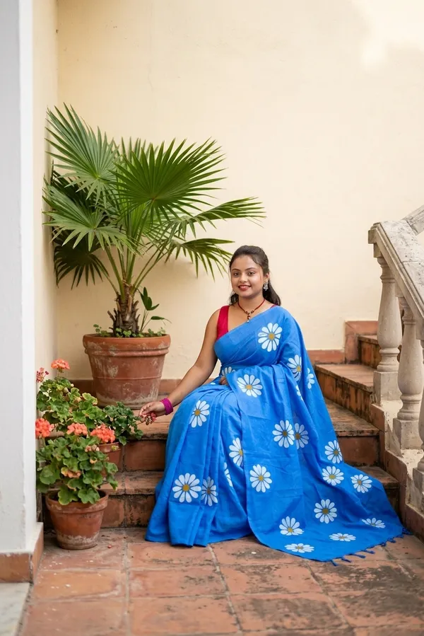 Blue_Cotton_Floral_Print_Saree_For_Women