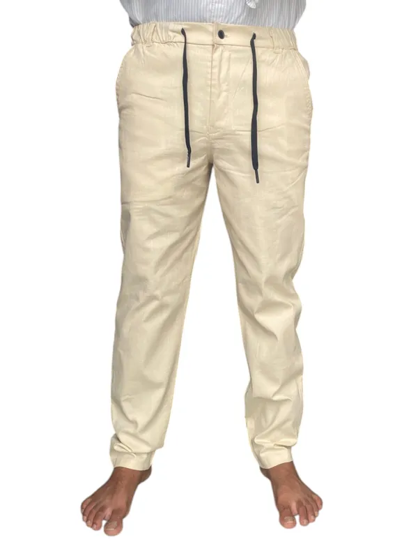 Beige_Cotton_Jogger_Fit_Drawstring_Trousers_For_Men