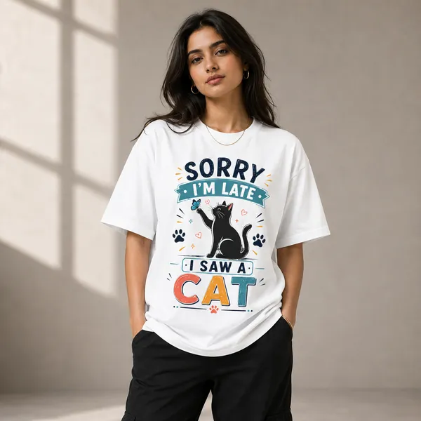 I'm_Late._I_Saw_a_Cat_Casual_Fit_White_Graphic_Print_T-Shirt