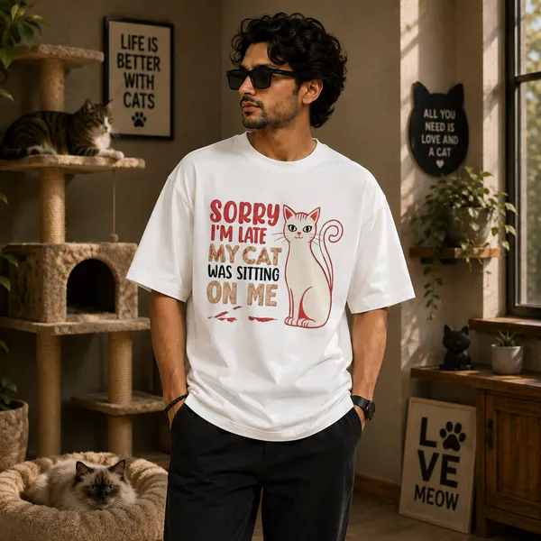 Sorry_i'm_Late_my_Cat_Was_Sitting_on_Me_Oversized_White_Graphic_Print_T-Shirt