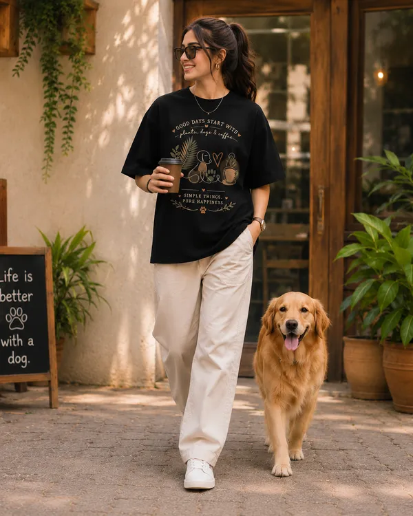 Plants_•_Dogs_•_Coffee_Oversized_Black_Graphic_Print_T-Shirt