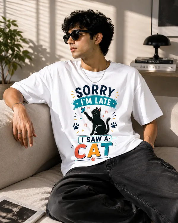 I'm_Late._I_Saw_a_Cat_Casual_Fit_White_Graphic_Print_T-Shirt