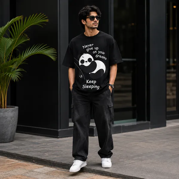 Never_Give_Up_on_your_Dreams_Keep_Sleeping_Oversized_Black_Graphic_Print_T-Shirt