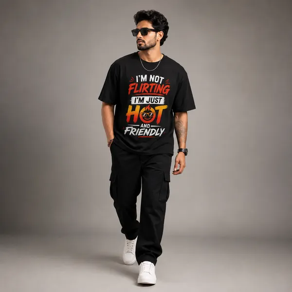 I'm_not_Flirting_i'm_Just_Hot_and_Friendly_Casual_Fit_Black_Graphic_Print_T-Shirt