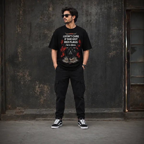 I_Don't_Care_If_She_Got_i'm_a_Bull_Oversized_Black_Graphic_Print_T-Shirt
