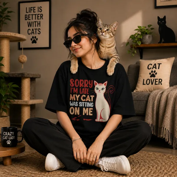 Sorry_i'm_Late_my_Cat_Was_Sitting_on_Me_Relaxed_Fit_Black_Graphic_Print_T-Shirt
