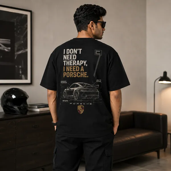 I_Don't_Need_Therapy,_I_Need_a_Porsche_Oversized_Black_Graphic_Print_T-Shirt