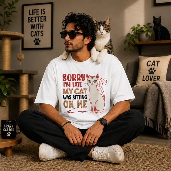 Sorry_i'm_Late_my_Cat_Was_Sitting_on_Me_Oversized_White_Graphic_Print_T-Shirt