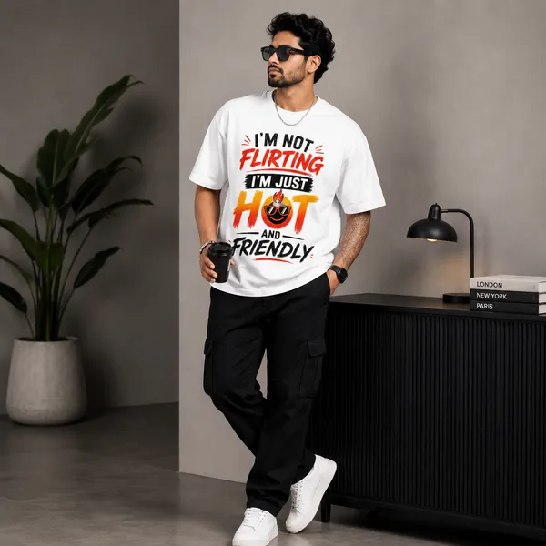 I'm_not_Flirting_i'm_Just_Hot_and_Friendly_Oversized_White_Graphic_Print_T-Shirt
