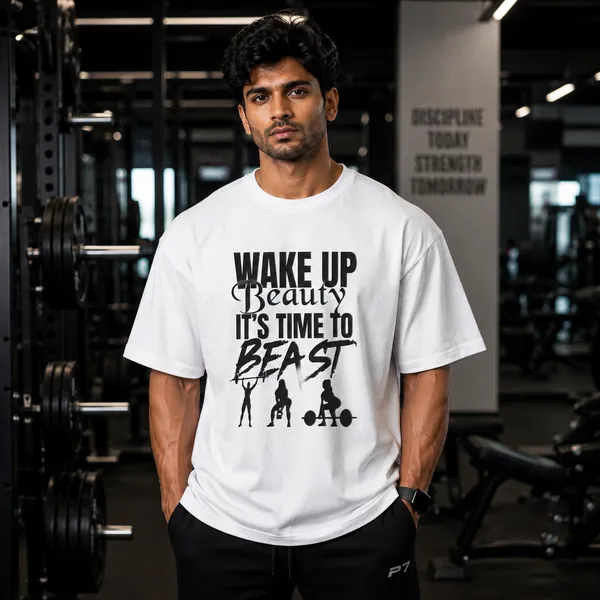 Wake_Up_Beauty_it's_Time_to_Beast_Relaxed_Fit_White_Graphic_Print_T-Shirt