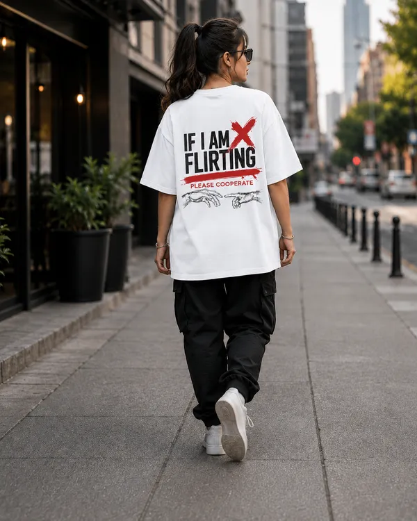 If_I_Am_Flirting_Please_Cooperate_Oversized_White_Graphic_Print_T-Shirt
