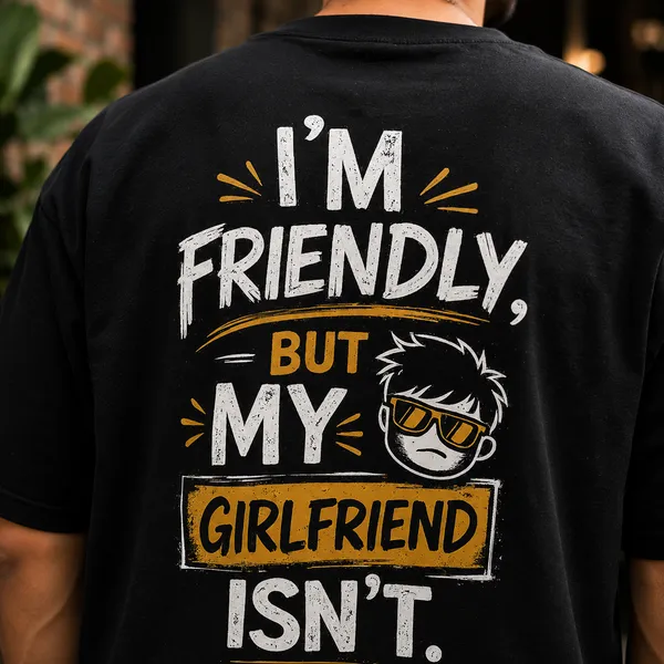 I'm_Friendly,_But_my_Wife_Isn't_Oversized_Black_Graphic_Print_T-Shirt