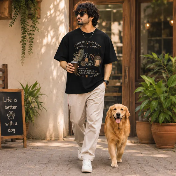 Plants_•_Dogs_•_Coffee_Oversized_Black_Graphic_Print_T-Shirt