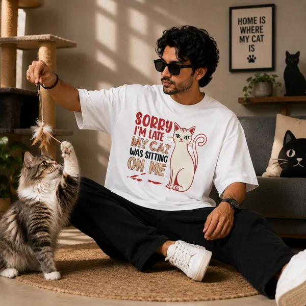 Sorry_i'm_Late_my_Cat_Was_Sitting_on_Me_Oversized_White_Graphic_Print_T-Shirt
