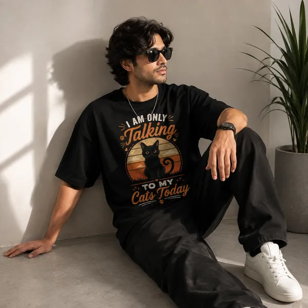 I_Am_Only_Talking_to_my_Cats_Today_Oversized_Black_Graphic_Print_T-Shirt