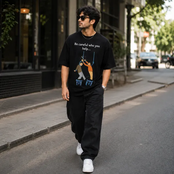 Be_Careful_Who_You_Help_Oversized_Black_Graphic_Print_T-Shirt