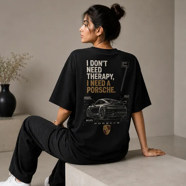 I_Don't_Need_Therapy,_I_Need_a_Porsche_Oversized_Black_Graphic_Print_T-Shirt