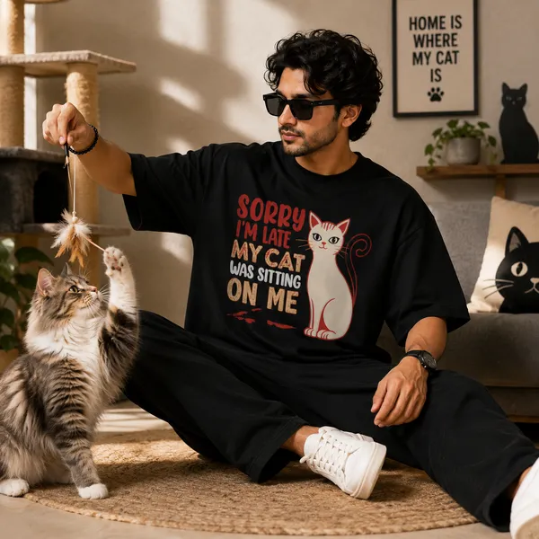 Sorry_i'm_Late_my_Cat_Was_Sitting_on_Me_Relaxed_Fit_Black_Graphic_Print_T-Shirt